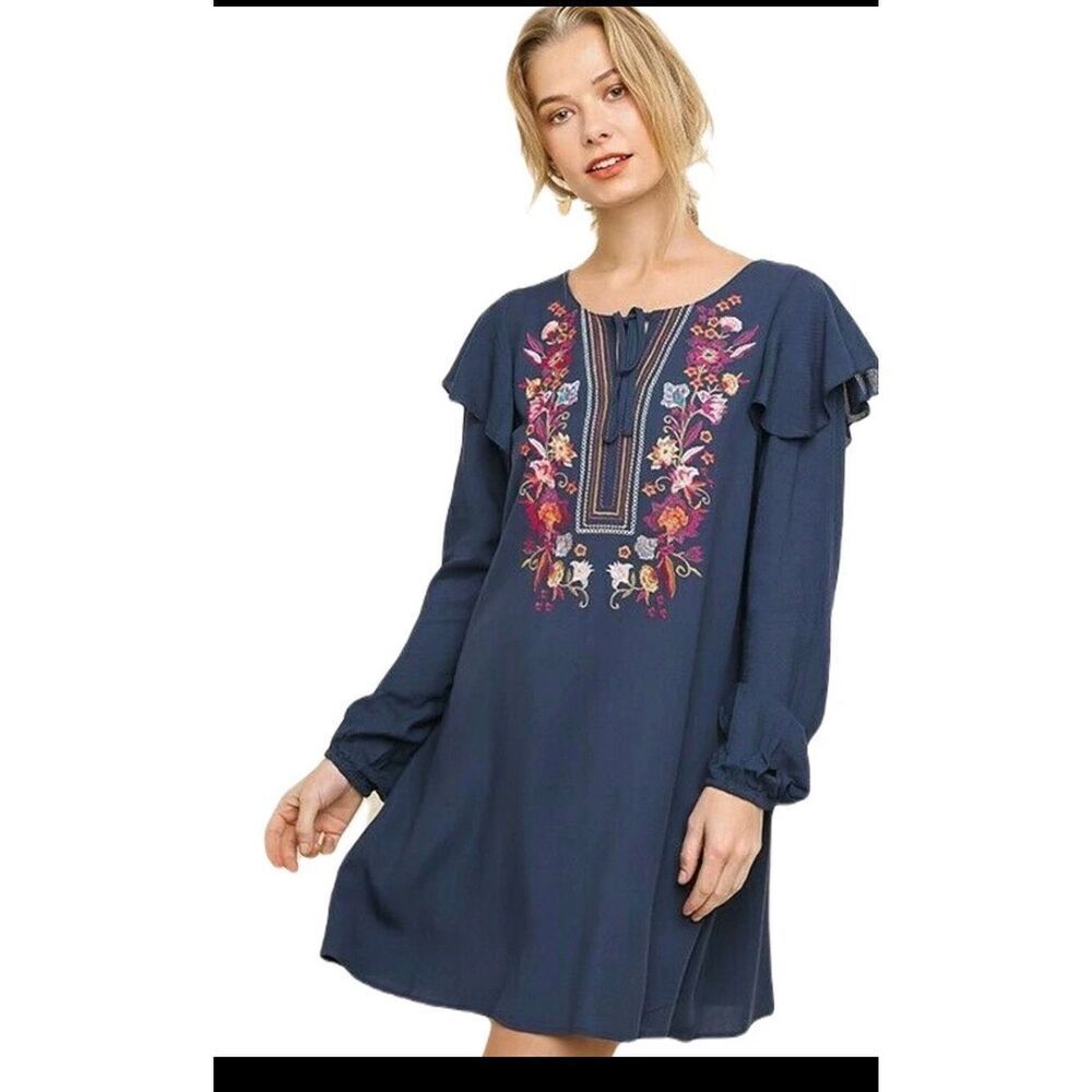 UMGEE Large navy blue floral Embroidered Ruffle Sleeve Dress/Tunic boho festival